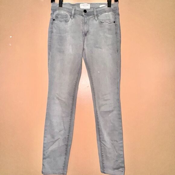 Frame Le Skinny De Jeanne Mid Rise Chrome Gray Raw Hem Denim Jeans - Size 27 - Picture 6 of 9